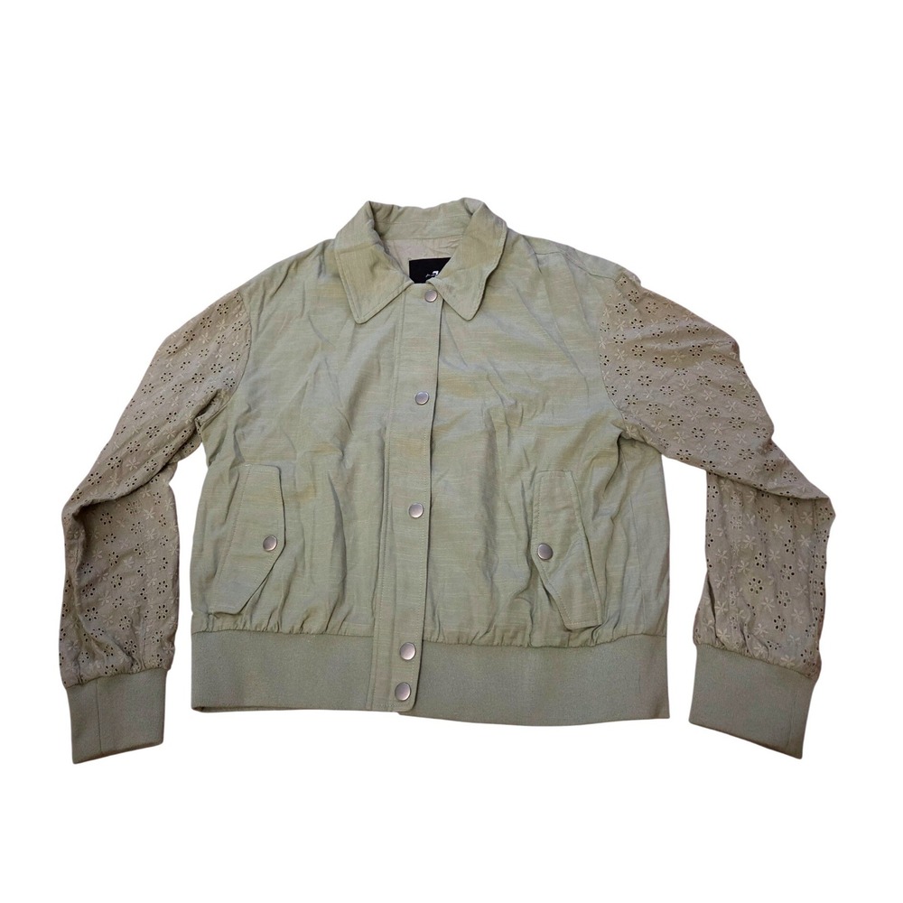 7 For All Mankind Womens Sage Green Eyelet Sleeve Bomber Jacket Snap Front